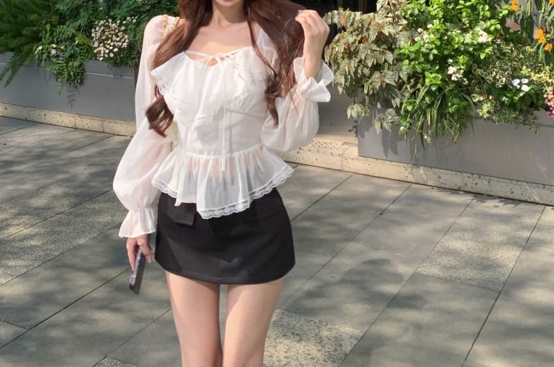 Front Ruffle / Blouse Sleeve Tie Lace Skirt Mini Pencil Long V-Neck Plain Trim