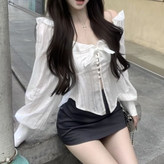 V-Neck Ruffle Bow Plain Sleeve Long Blouse