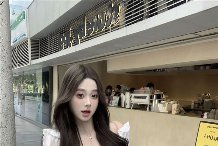 V-Neck Ruffle Bow Plain Sleeve Long Blouse