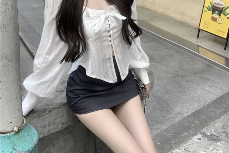 V-Neck Ruffle Bow Plain Sleeve Long Blouse