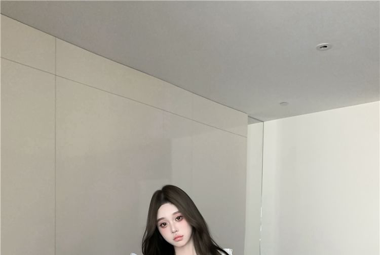 V-Neck Ruffle Bow Plain Sleeve Long Blouse