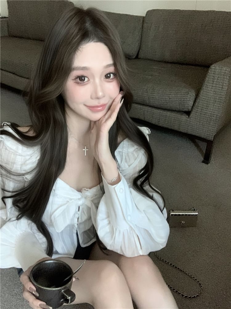 V-Neck Ruffle Bow Plain Sleeve Long Blouse