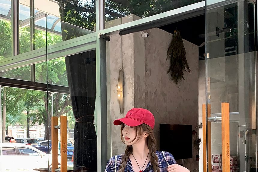 Sleeve Plaid Shirt Long Tie-Up Collared