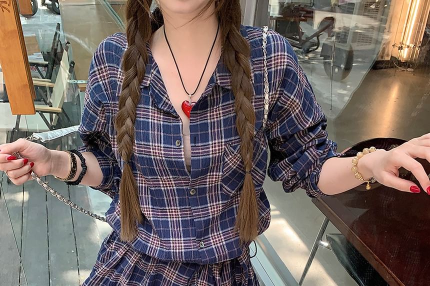 Sleeve Plaid Shirt Long Tie-Up Collared