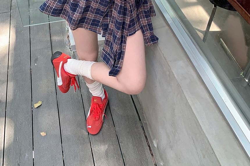 Sleeve Plaid Shirt Long Tie-Up Collared