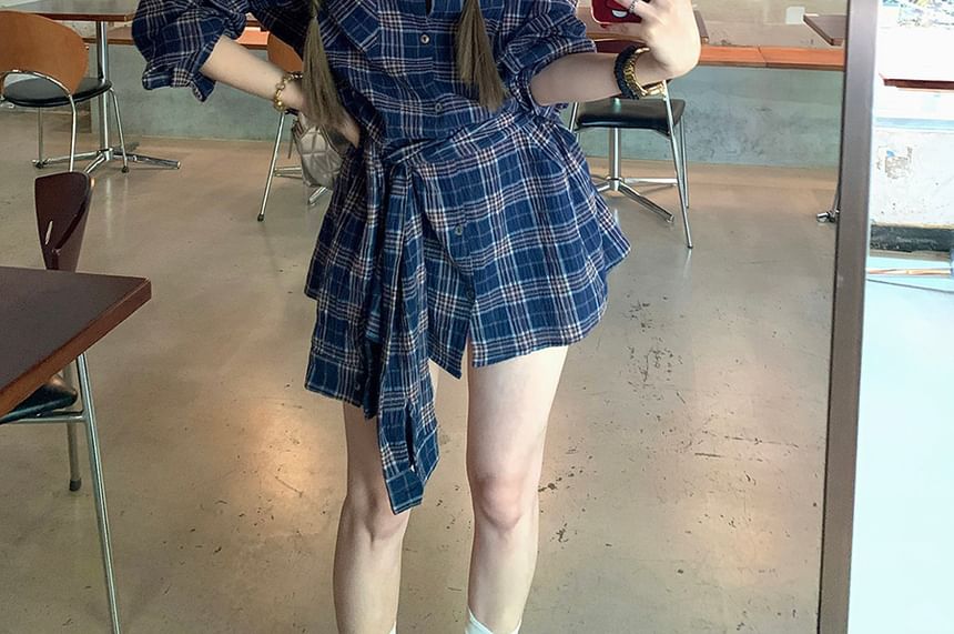 Sleeve Plaid Shirt Long Tie-Up Collared