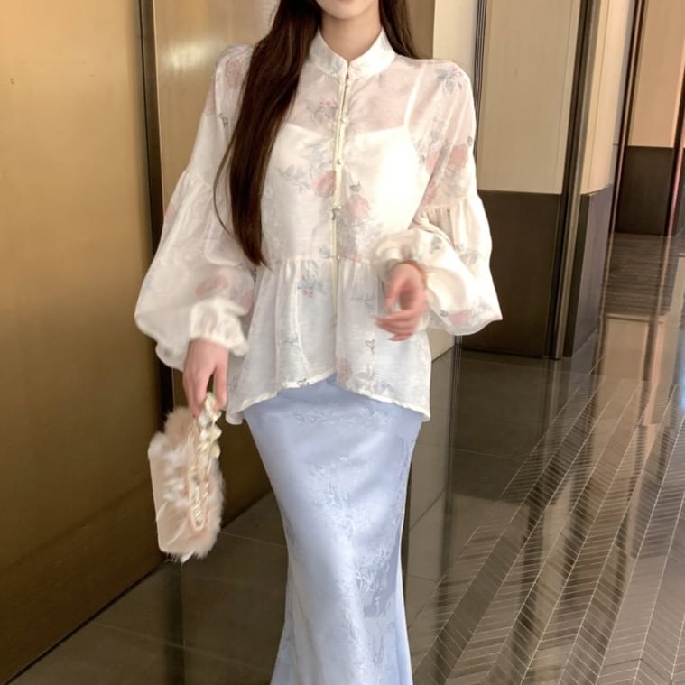 Fishtail / Plain Floral Print Jacquard Sleeve Skirt Peplum Maxi Set Camisole Long Waist Collar Blouse Stand High