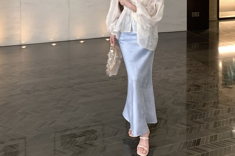 Fishtail / Plain Floral Print Jacquard Sleeve Skirt Peplum Maxi Set Camisole Long Waist Collar Blouse Stand High