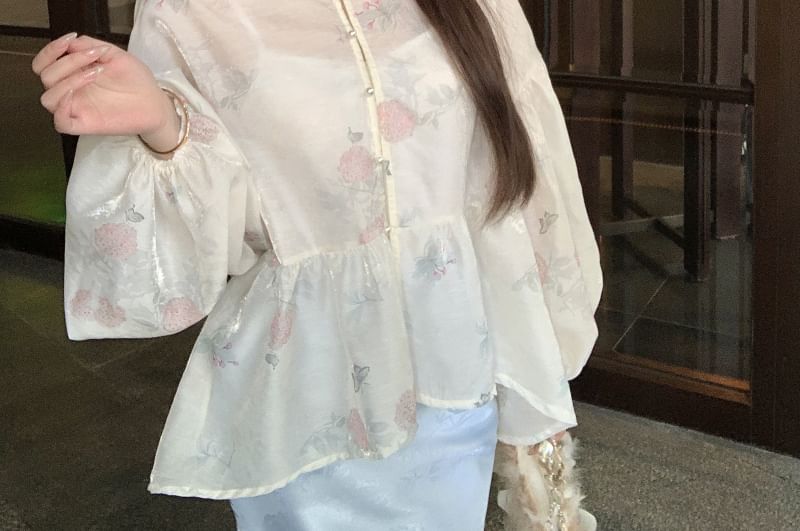 Fishtail / Plain Floral Print Jacquard Sleeve Skirt Peplum Maxi Set Camisole Long Waist Collar Blouse Stand High