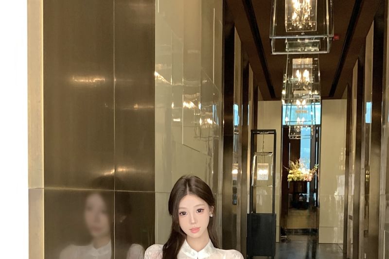 Fishtail / Plain Floral Print Jacquard Sleeve Skirt Peplum Maxi Set Camisole Long Waist Collar Blouse Stand High