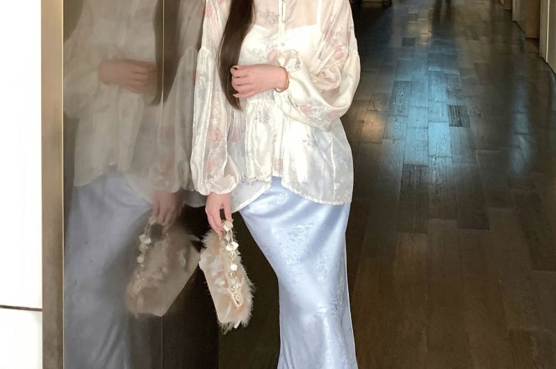 Fishtail / Plain Floral Print Jacquard Sleeve Skirt Peplum Maxi Set Camisole Long Waist Collar Blouse Stand High