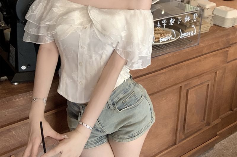 Shoulder Off Sleeve Ruffle Short Blouse Plain