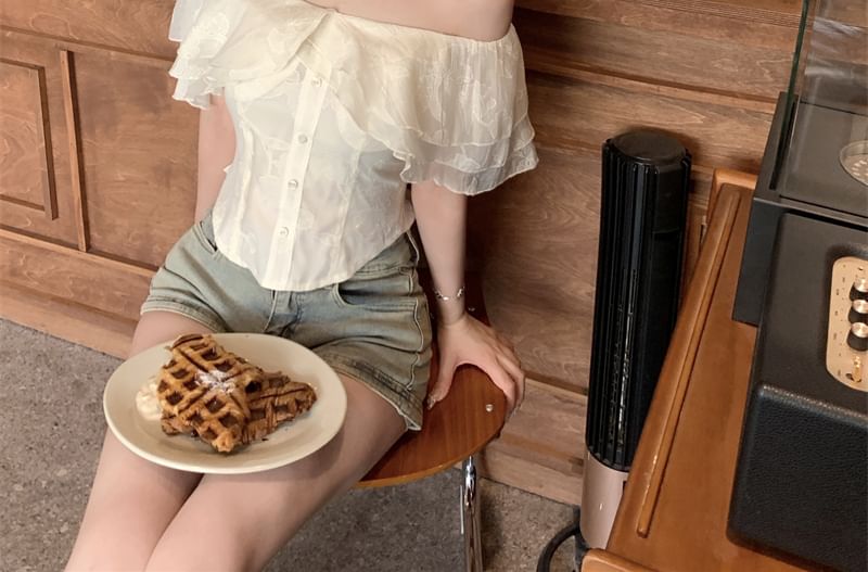 Shoulder Off Sleeve Ruffle Short Blouse Plain