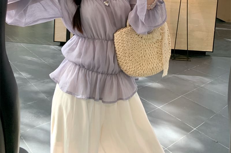 Panel Shoulder Lace Long Sleeve One Trim Blouse Plain