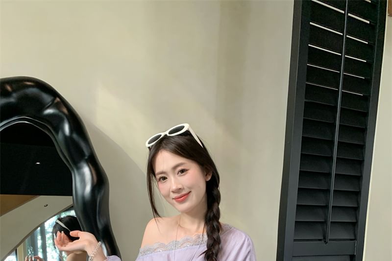 Panel Shoulder Lace Long Sleeve One Trim Blouse Plain