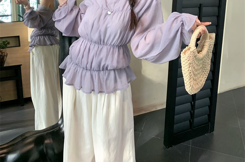 Panel Shoulder Lace Long Sleeve One Trim Blouse Plain