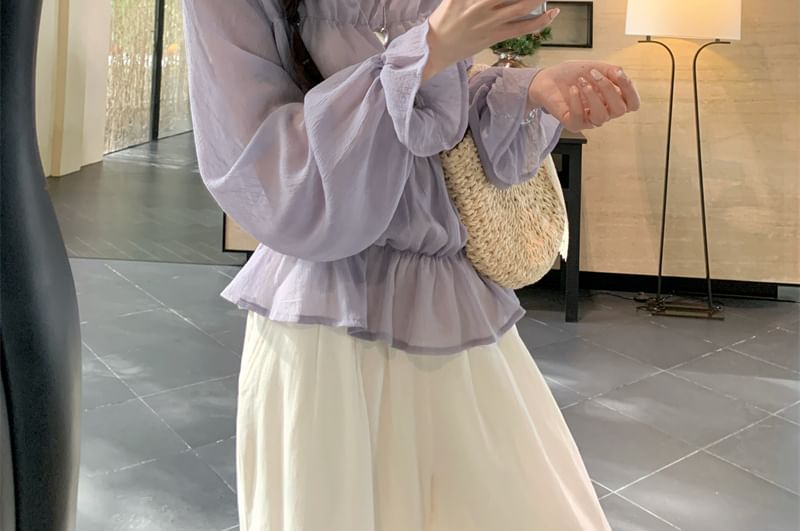 Panel Shoulder Lace Long Sleeve One Trim Blouse Plain