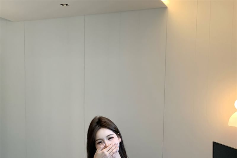 Tie High Front Shorts Waist Shoulder Cami Satin Sleeve Plain Lace Top Off Long V-Neck /