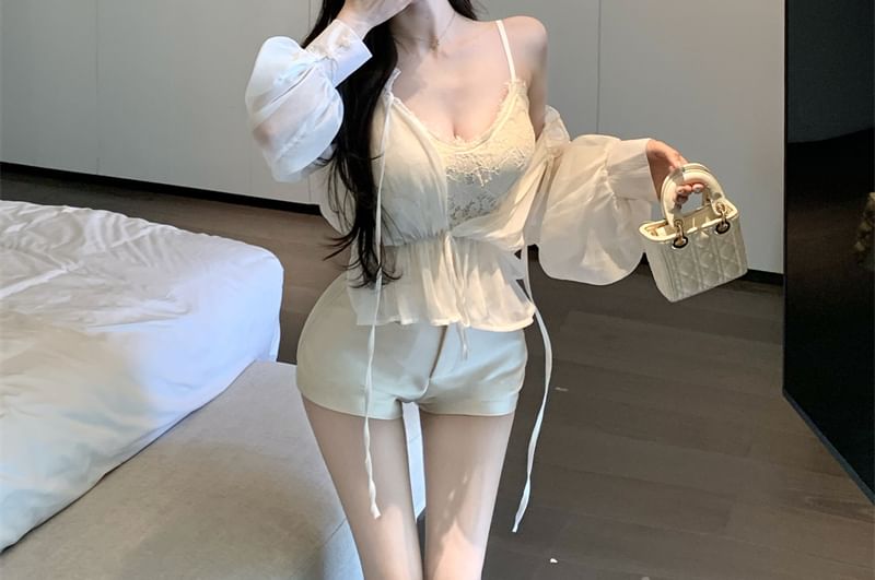 Tie High Front Shorts Waist Shoulder Cami Satin Sleeve Plain Lace Top Off Long V-Neck /