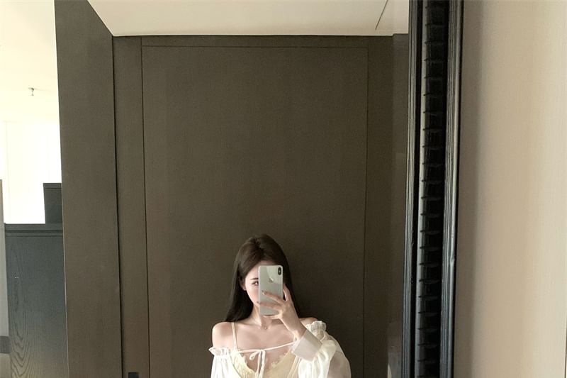 Tie High Front Shorts Waist Shoulder Cami Satin Sleeve Plain Lace Top Off Long V-Neck /