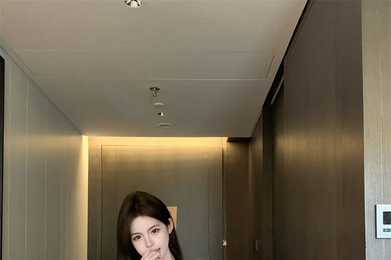 Tie High Front Shorts Waist Shoulder Cami Satin Sleeve Plain Lace Top Off Long V-Neck /