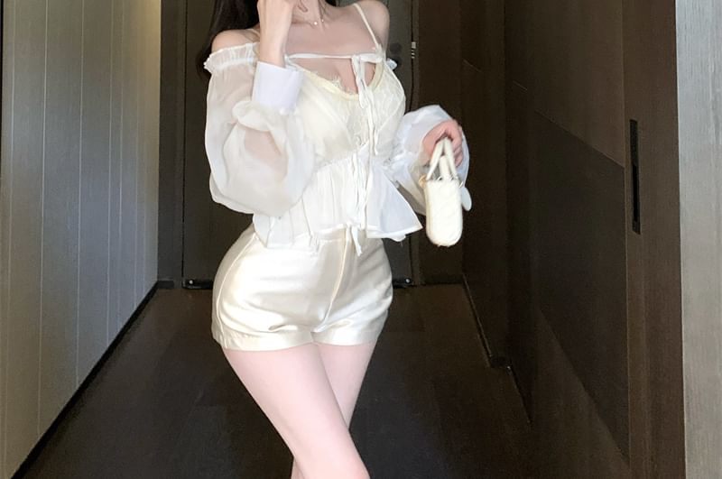 Tie High Front Shorts Waist Shoulder Cami Satin Sleeve Plain Lace Top Off Long V-Neck /