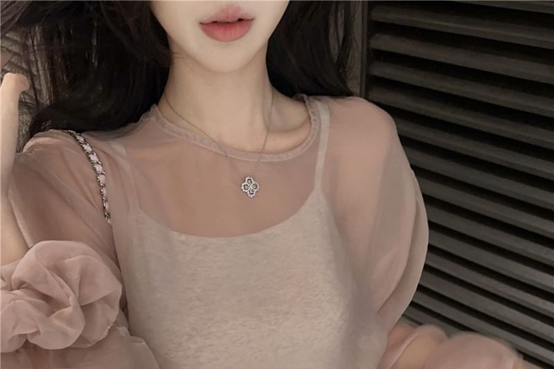 Sheer Crew Neck Top Plain Blouse Sleeve Set: Long Cami +