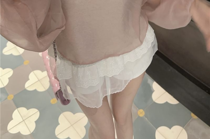 Sheer Crew Neck Top Plain Blouse Sleeve Set: Long Cami +