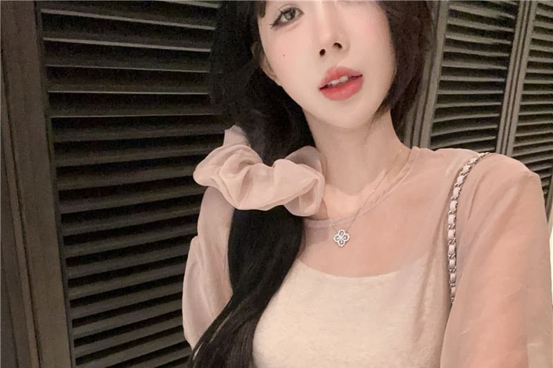 Sheer Crew Neck Top Plain Blouse Sleeve Set: Long Cami +