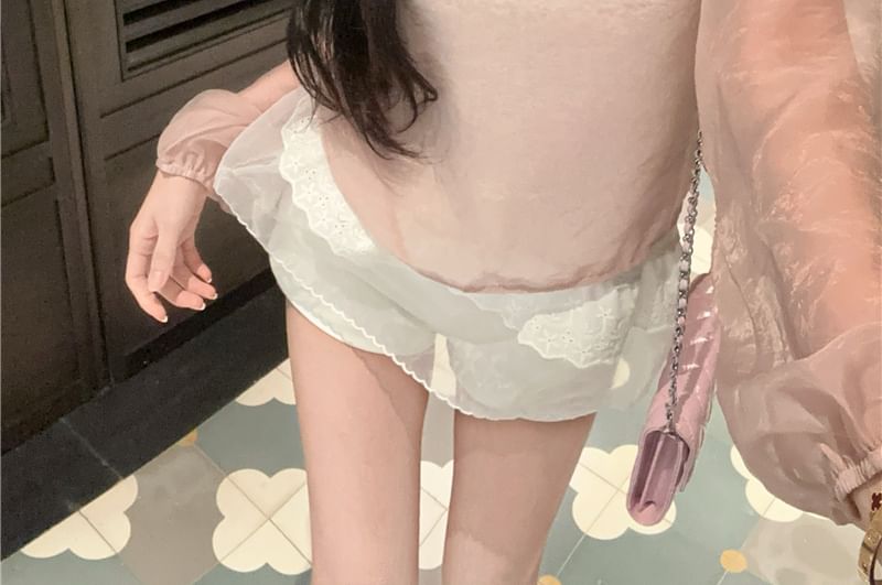 Sheer Crew Neck Top Plain Blouse Sleeve Set: Long Cami +