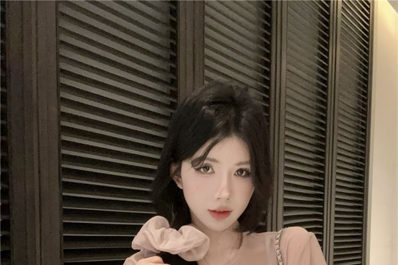 Sheer Crew Neck Top Plain Blouse Sleeve Set: Long Cami +