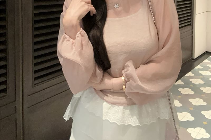 Sheer Crew Neck Top Plain Blouse Sleeve Set: Long Cami +