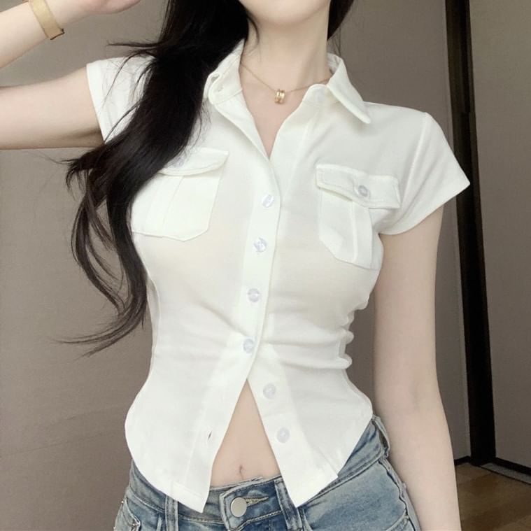 Collared Jersey Shirt Cap Sleeve Plain Pocket Flap