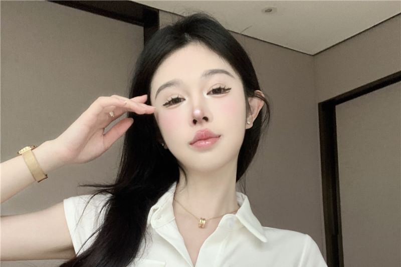 Collared Jersey Shirt Cap Sleeve Plain Pocket Flap