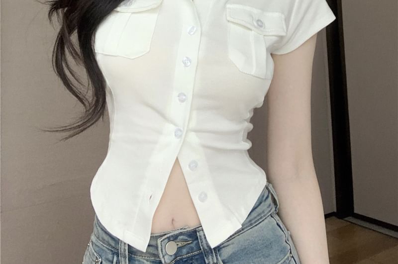 Collared Jersey Shirt Cap Sleeve Plain Pocket Flap