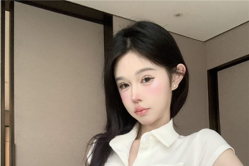 Collared Jersey Shirt Cap Sleeve Plain Pocket Flap