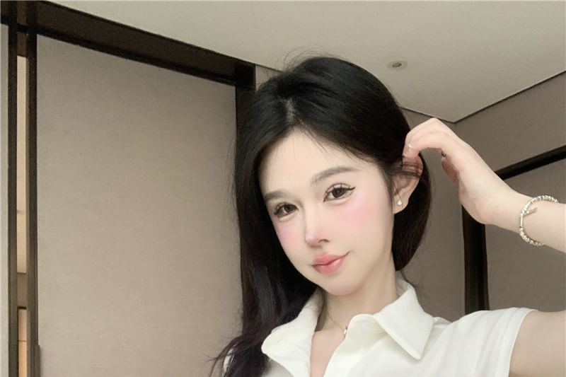 Collared Jersey Shirt Cap Sleeve Plain Pocket Flap