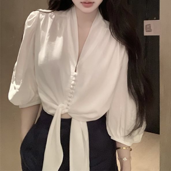 Plain Blouse Elbow Sleeve Tie V-Neck Front