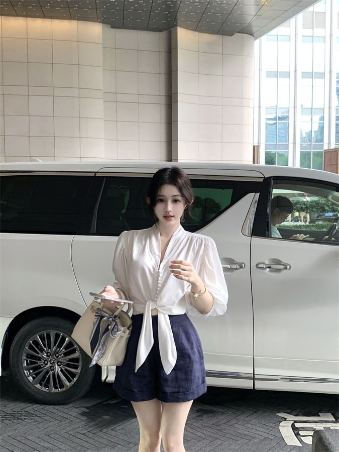 Plain Blouse Elbow Sleeve Tie V-Neck Front