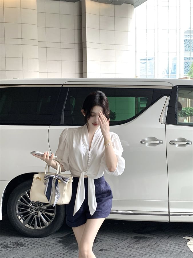 Plain Blouse Elbow Sleeve Tie V-Neck Front