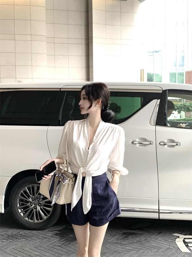 Plain Blouse Elbow Sleeve Tie V-Neck Front