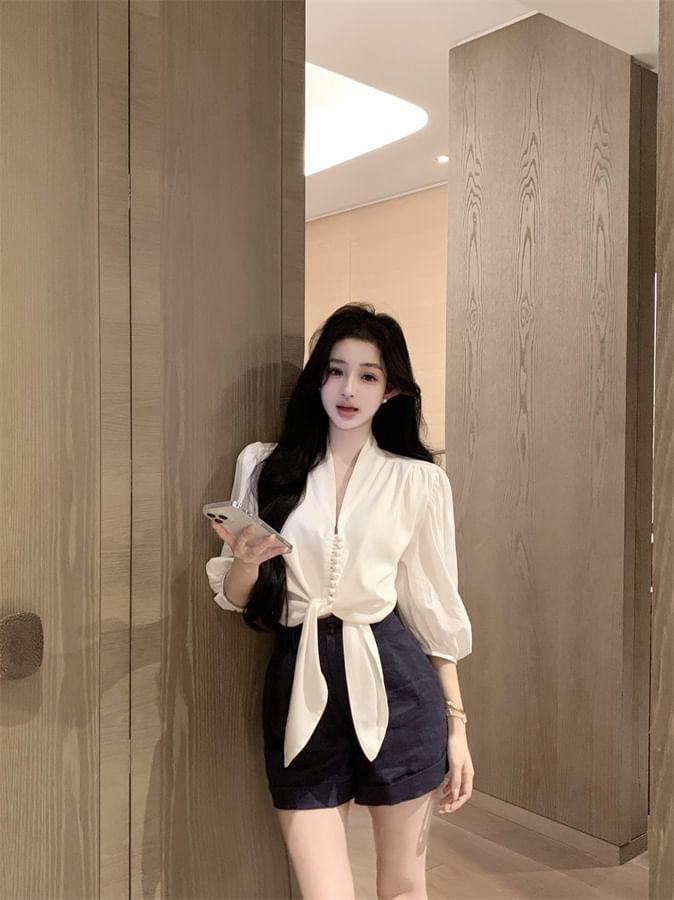 Plain Blouse Elbow Sleeve Tie V-Neck Front