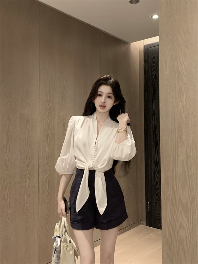 Plain Blouse Elbow Sleeve Tie V-Neck Front
