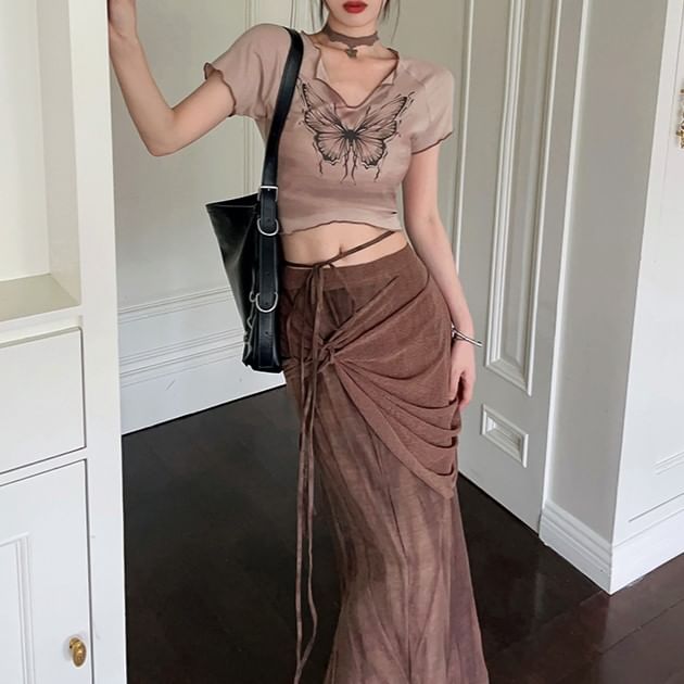 Skirt Maxi Butterfly Waist Mid Sleeve V-Neck Tee Pencil Tie-Up Crop / Short Print