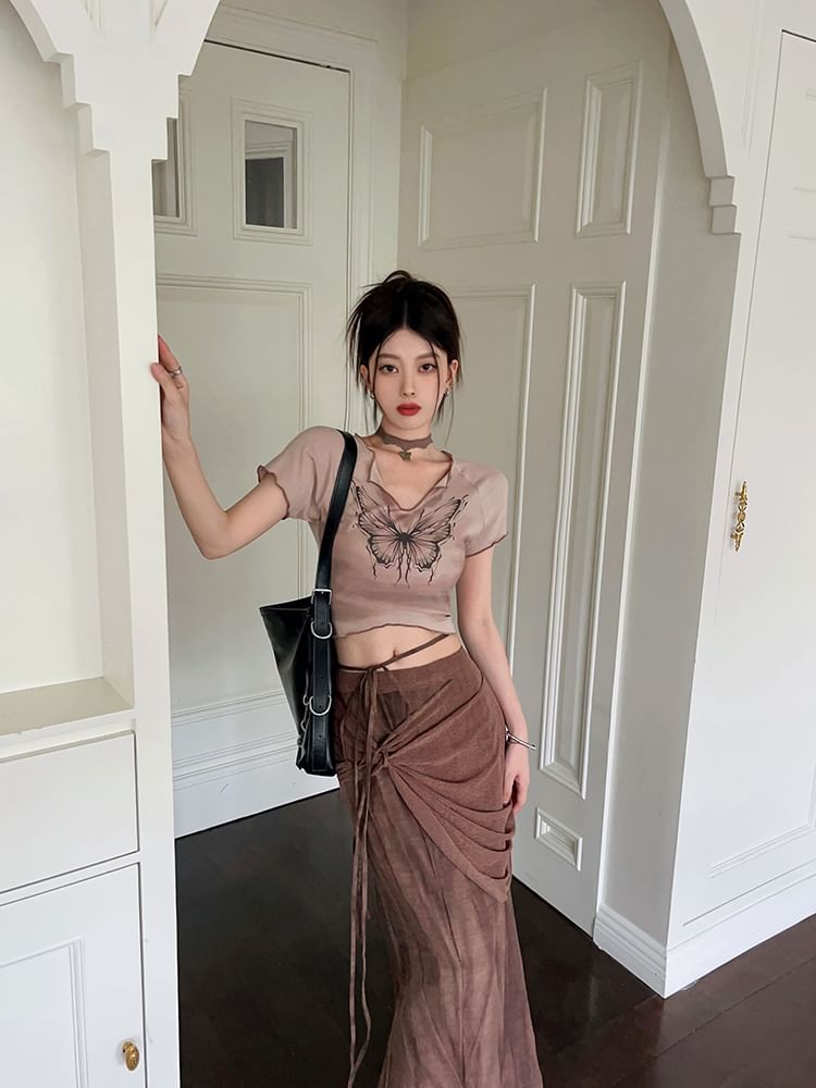 Skirt Maxi Butterfly Waist Mid Sleeve V-Neck Tee Pencil Tie-Up Crop / Short Print
