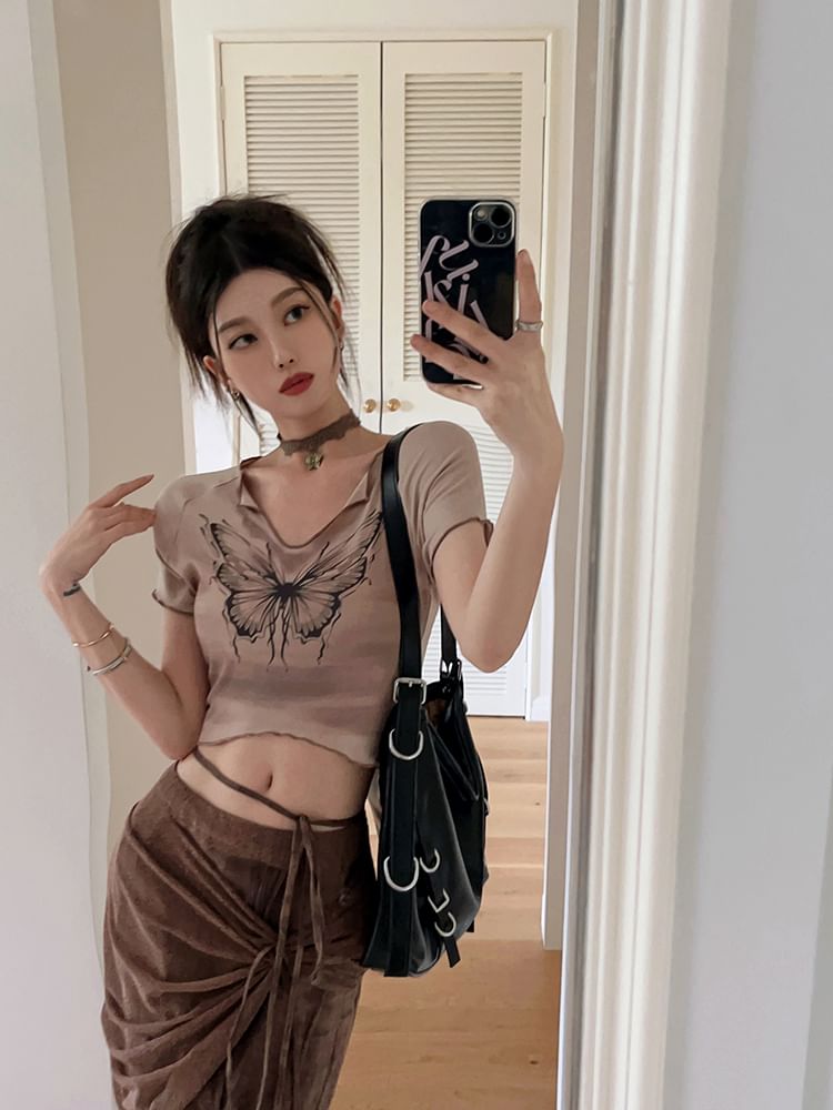 Skirt Maxi Butterfly Waist Mid Sleeve V-Neck Tee Pencil Tie-Up Crop / Short Print