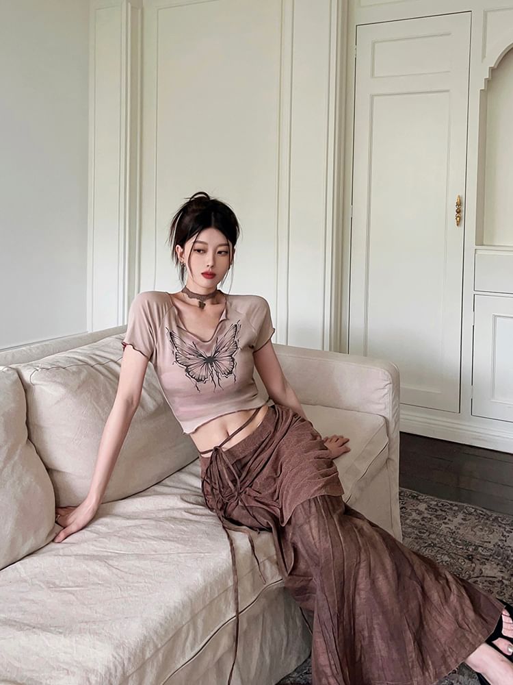 Skirt Maxi Butterfly Waist Mid Sleeve V-Neck Tee Pencil Tie-Up Crop / Short Print