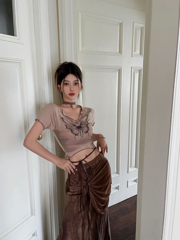 Skirt Maxi Butterfly Waist Mid Sleeve V-Neck Tee Pencil Tie-Up Crop / Short Print