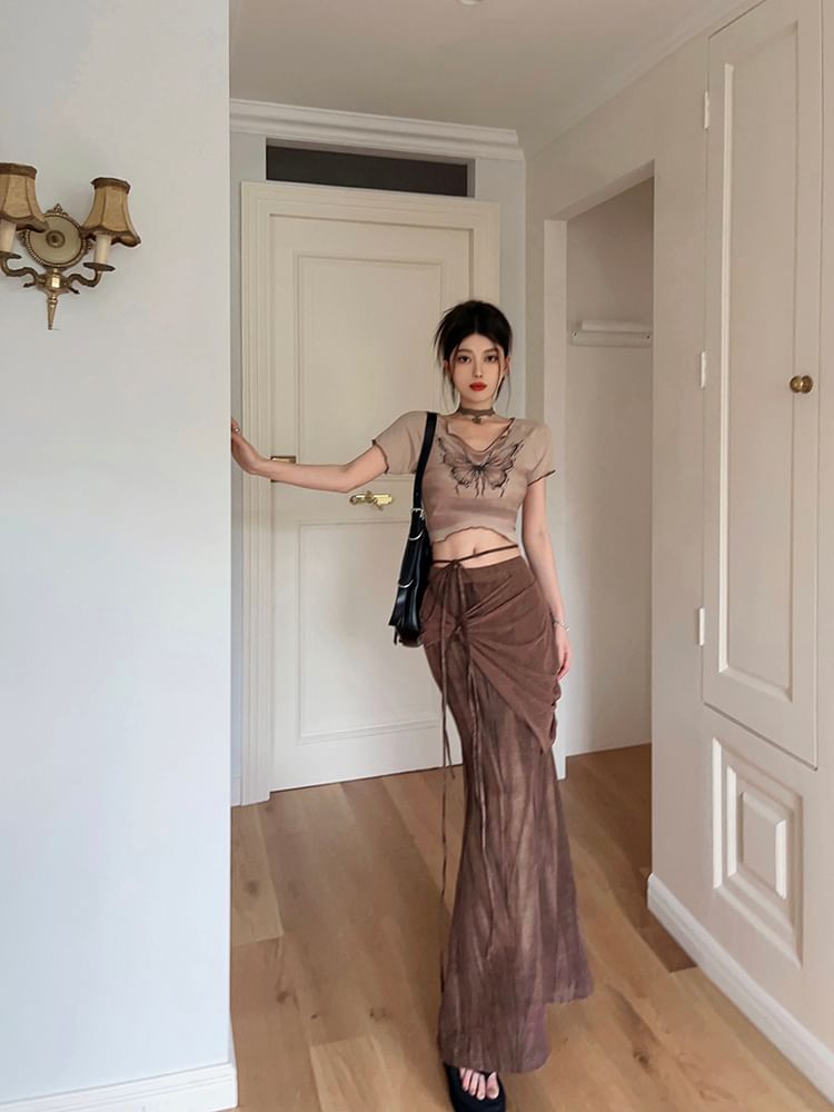 Skirt Maxi Butterfly Waist Mid Sleeve V-Neck Tee Pencil Tie-Up Crop / Short Print