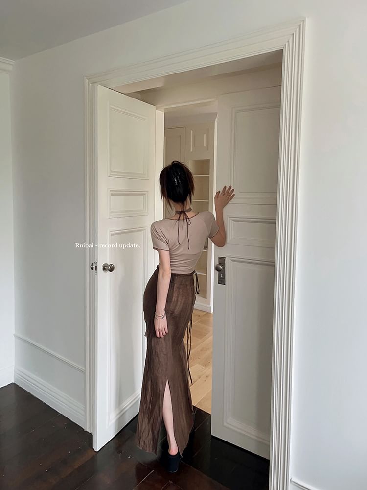 Skirt Maxi Butterfly Waist Mid Sleeve V-Neck Tee Pencil Tie-Up Crop / Short Print